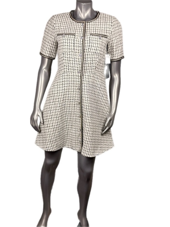 CeCe | Crew Neck Black & White Tweed Fit & Flare Dress Silver Button Down - Picture 3 of 15